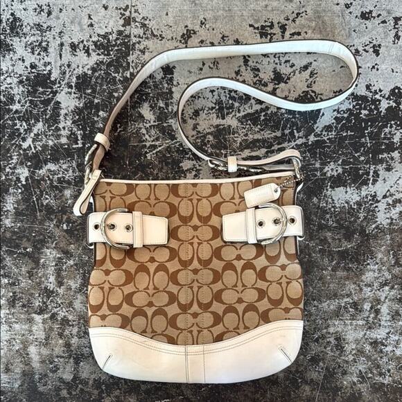 Coach White/Tan Signature Jacquard and Leather Shoulder Bag Style 3574 11x11 - Picture 1 of 6